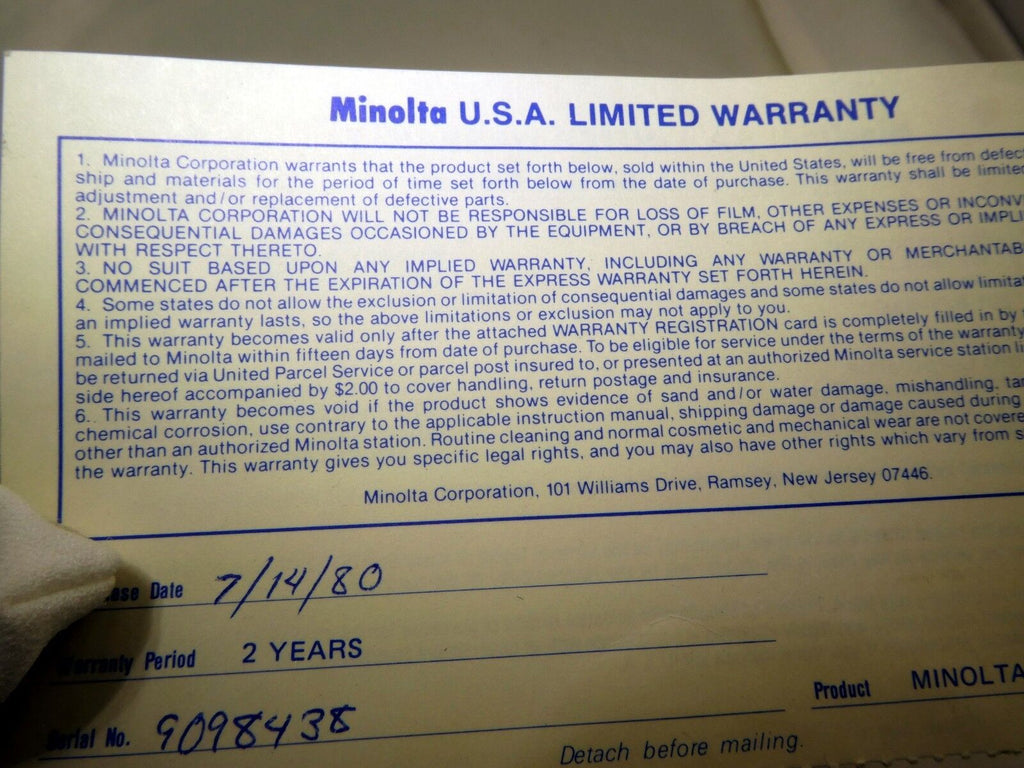 Minolta USA Limited Warranty card (EN) vintage XG-9 camera 1980