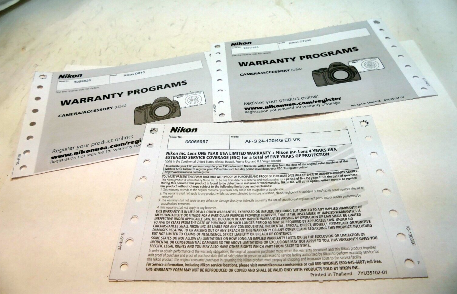 Nikon D810 D7200 camera AF-s 24-120mm G  warranty card lot