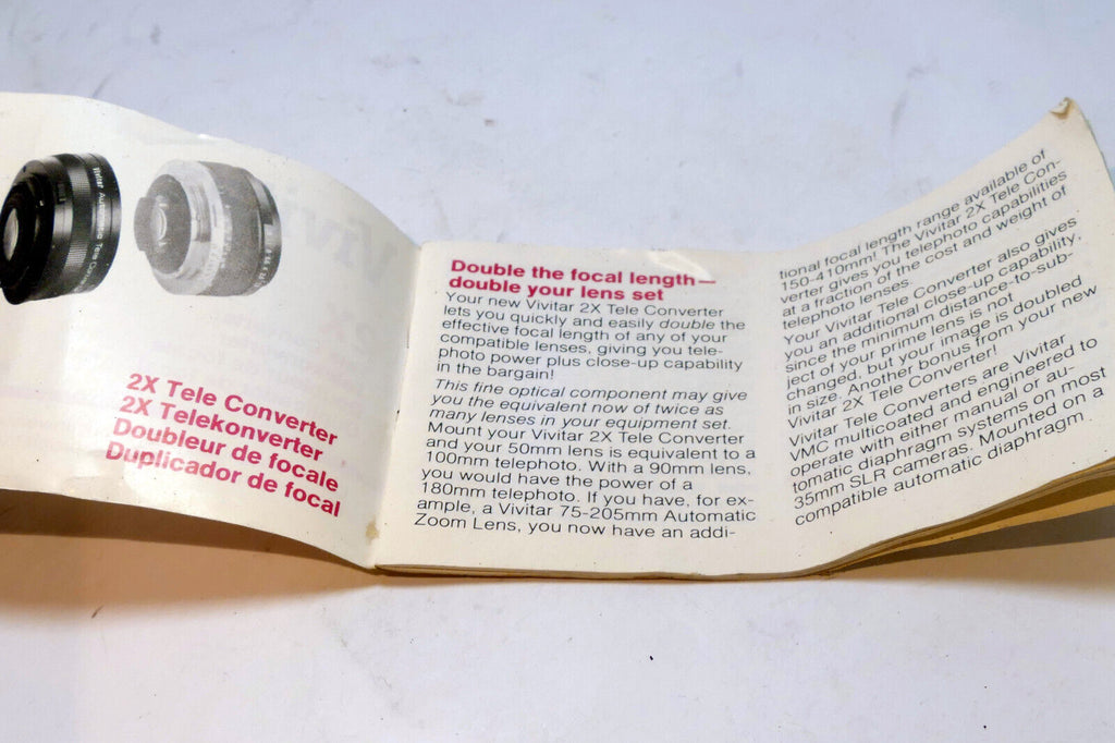 Vivitar 2X teleconverter  Lens Guide Owner's Manual Book English 1981 MD AI FD