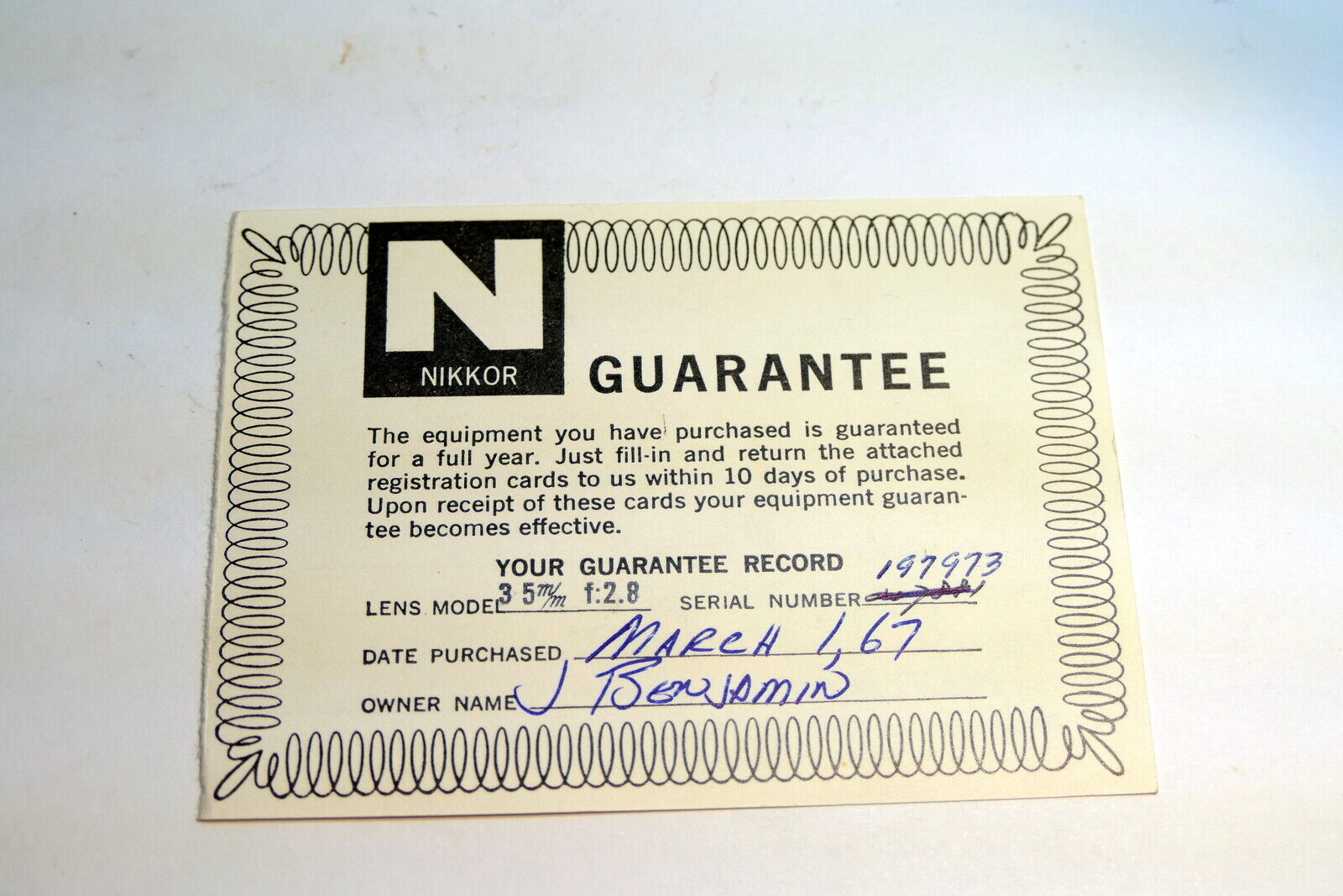Nikon warranty card 1967 model  35mm f2.8 lens F  Nikkor vintage