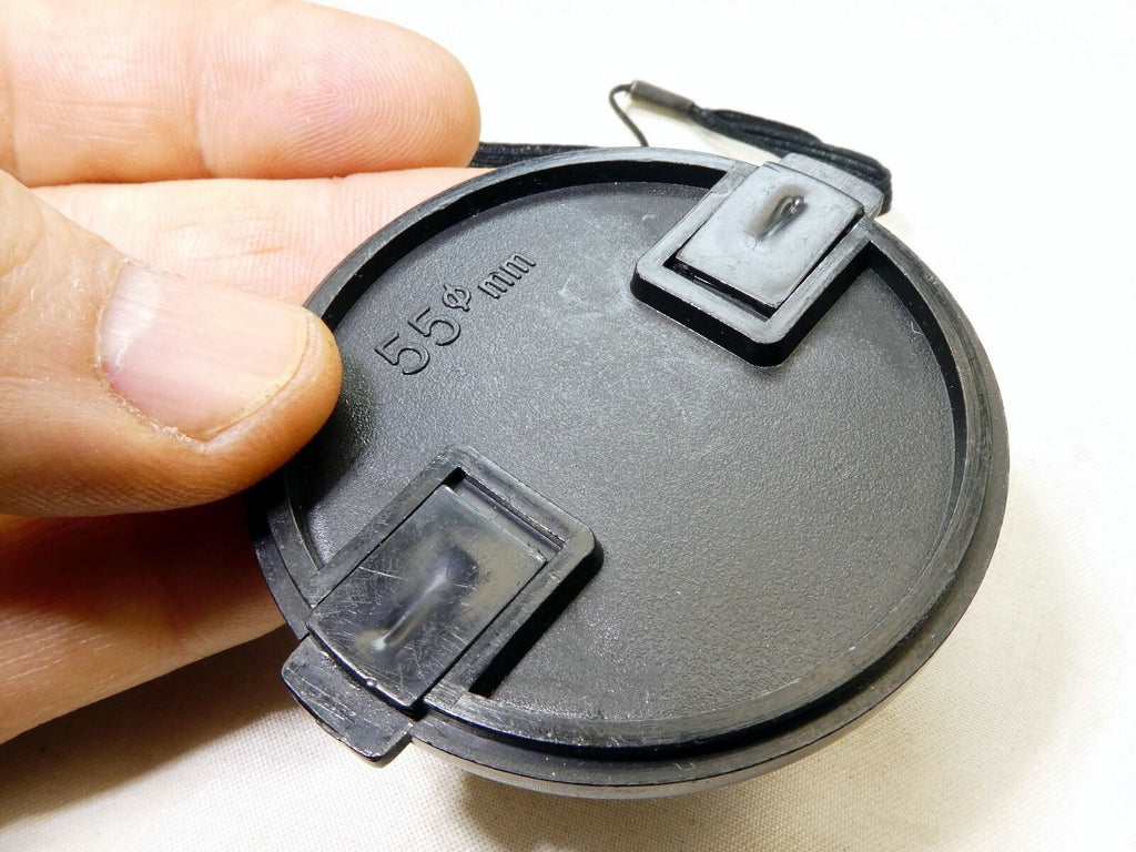 Black 55mm Lens front Cap  Snap on type with keeper string holder