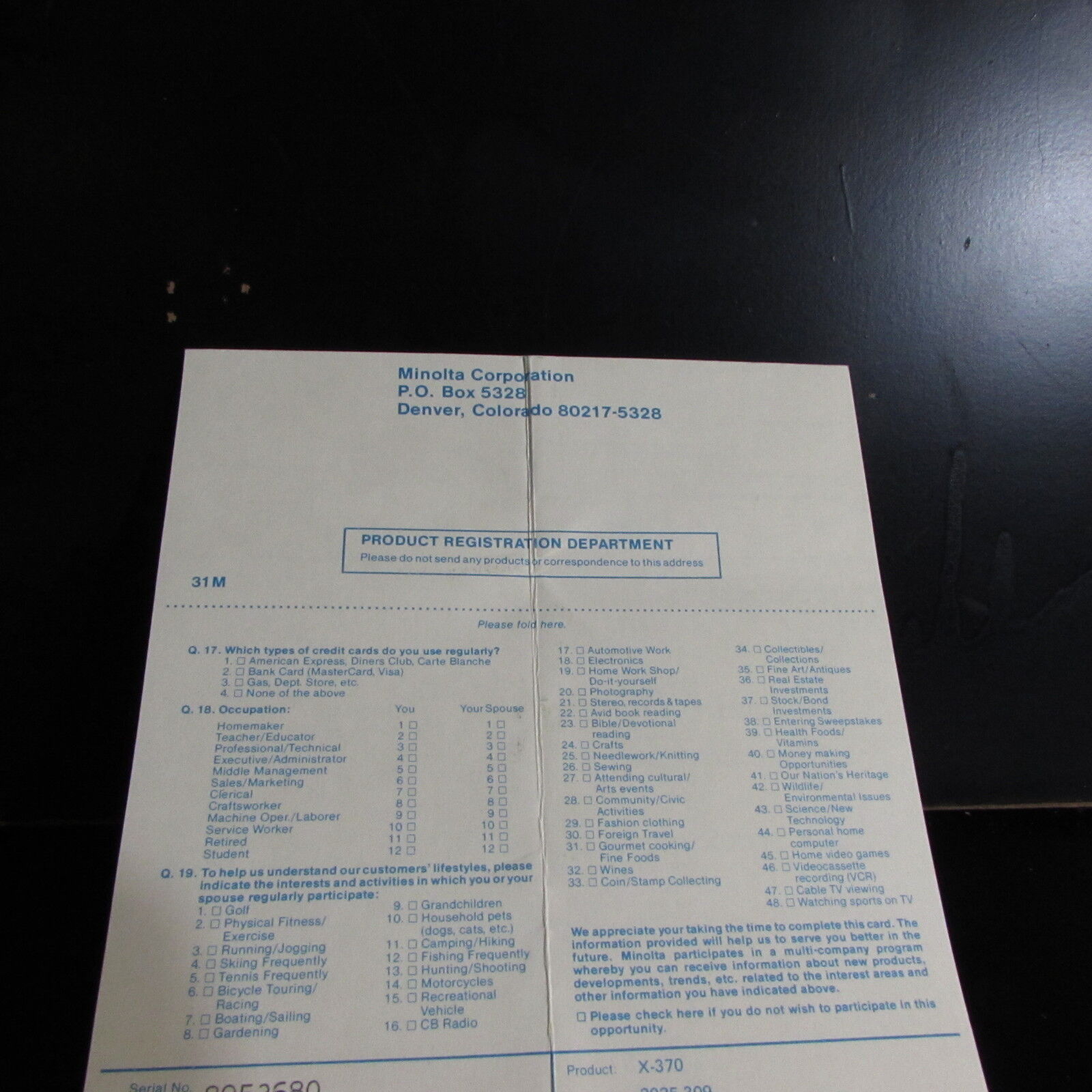 Minolta USA Limited Warranty Card with registration card 31M