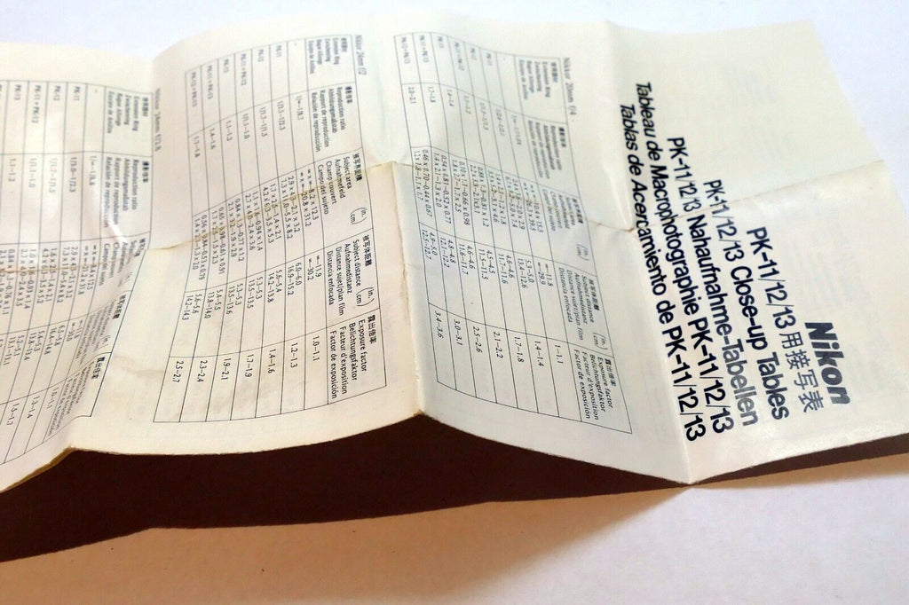 Nikon PK-11 12 13 Close up Tables chart for macro lens focus distance