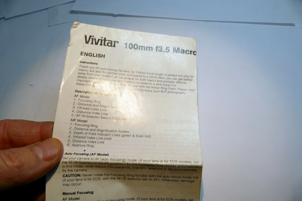 Vivitar 100mm f3.5 Macro AF 1:1  lens Instruction Owner's Sheet  Guide