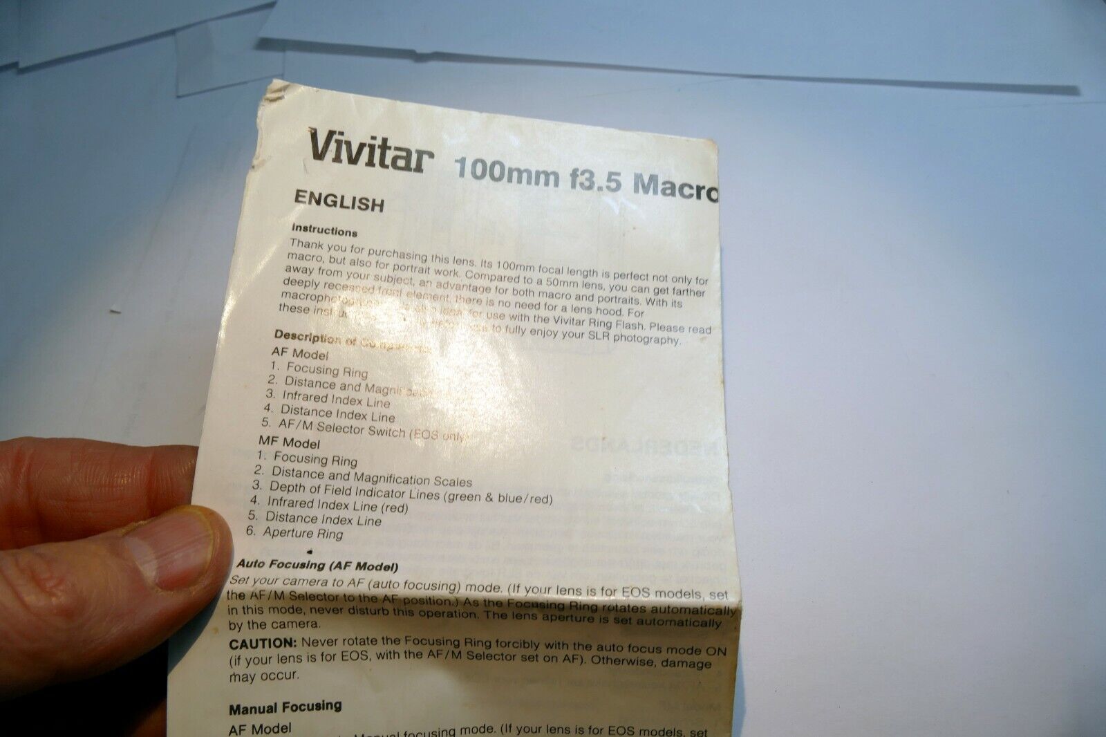 Vivitar 100mm f3.5 Macro AF 1:1  lens Instruction Owner's Sheet  Guide