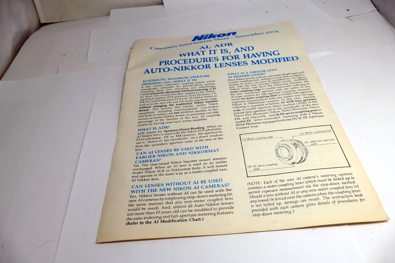 NIKON CONSUMER INFORMATION SHEET MAY 1979 NIKKOR LENS Ai modification Brochure