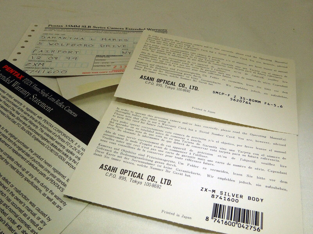 Pentax ZX-M 35mm SLR warranty Card Vintage misc. paperwork 35-80mm lens