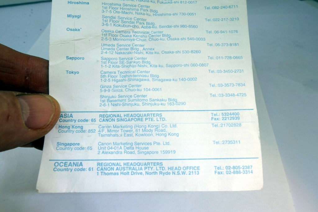 Canon camera International Service network addresses vintage 1980's