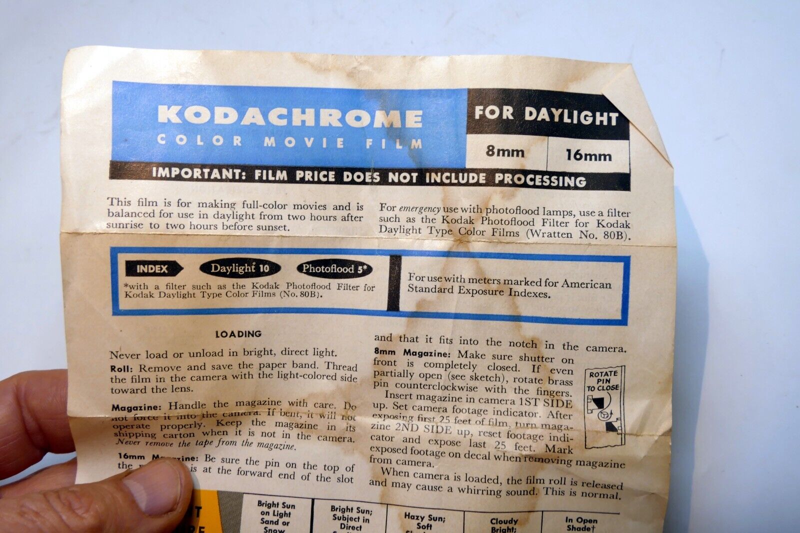 Kodak Kodachrome II Movie film Daylight 16mm exposure table guide