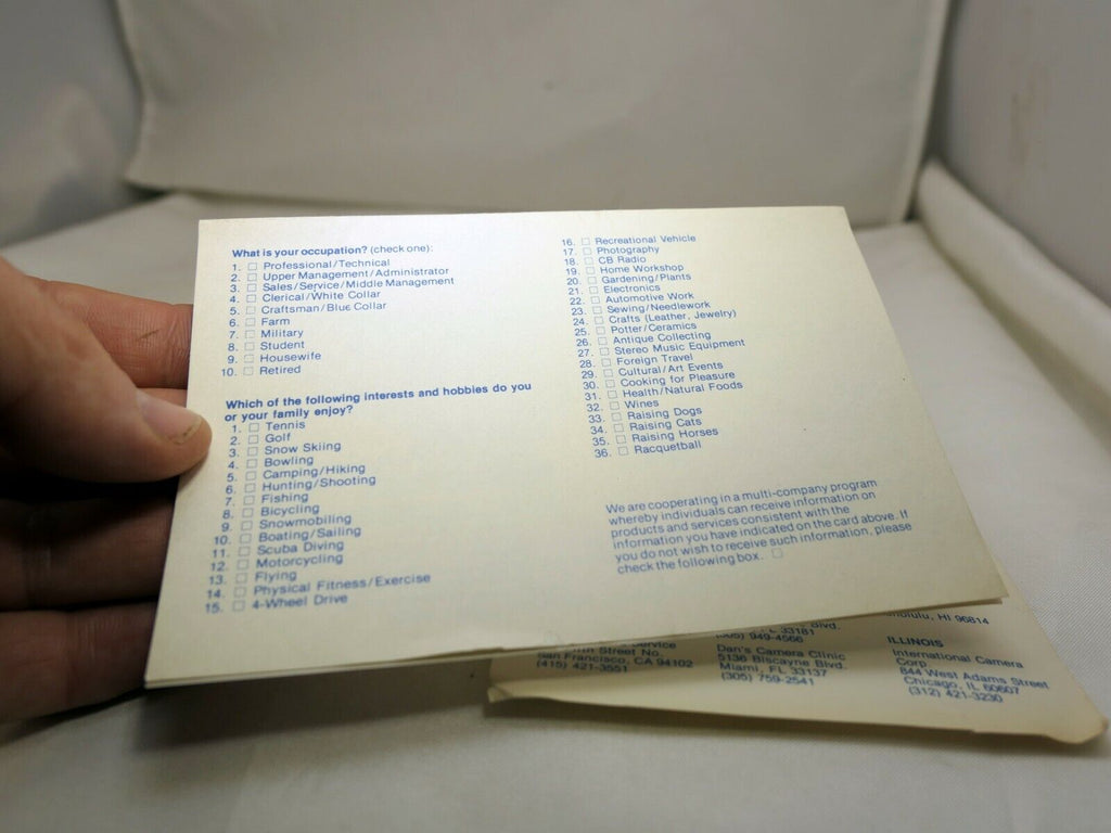 Konica Corporation Factory Service Centers  USA 1980 with owners card for lens