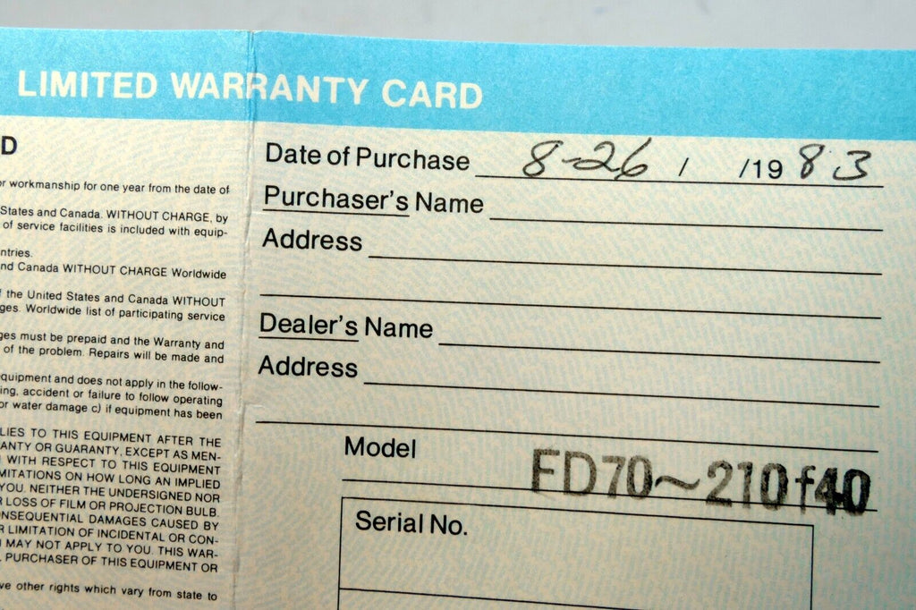 Canon FD 70-210mm f4 Lens warranty card vintage 1980's