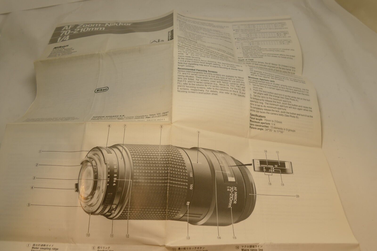 Nikon Nikkor AF 70-210mm f4.0 LENS Instruction Guide Manual