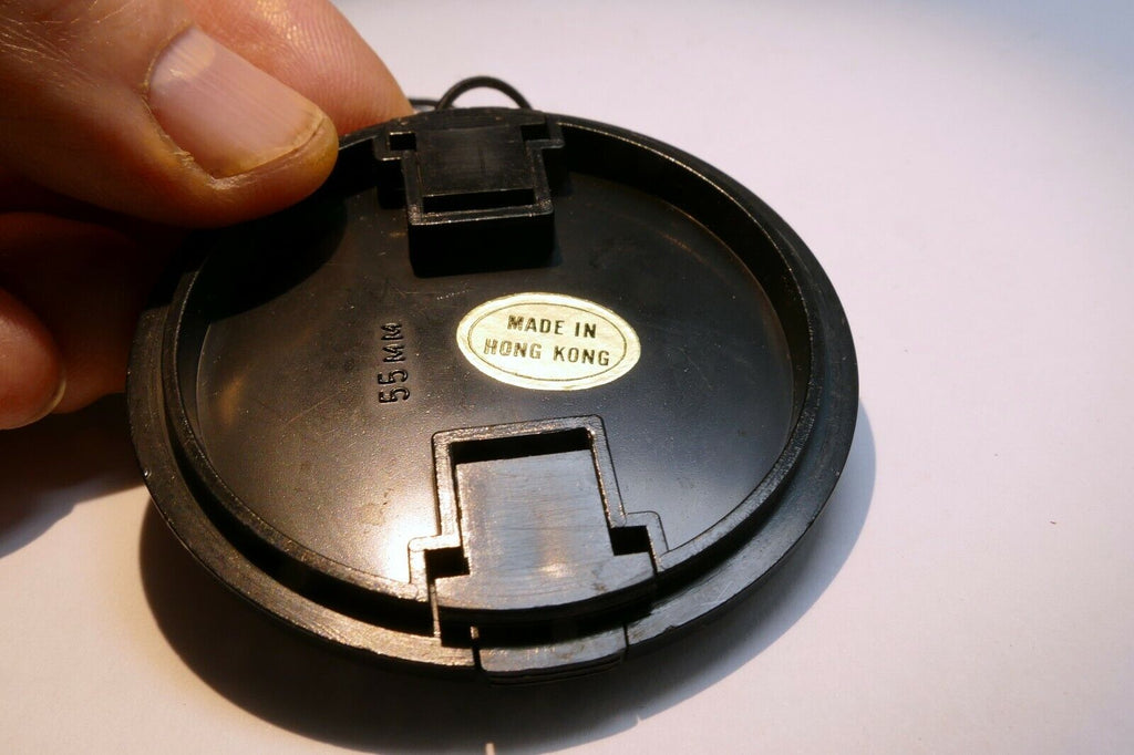 Plastic 55mm Lens front Cap made in Hong Kong with keeper string for f1.7 f1.8