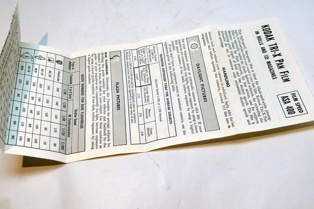 Kodak Tri-X Pan Film table guide instructions ASA 400 vintage 1960's