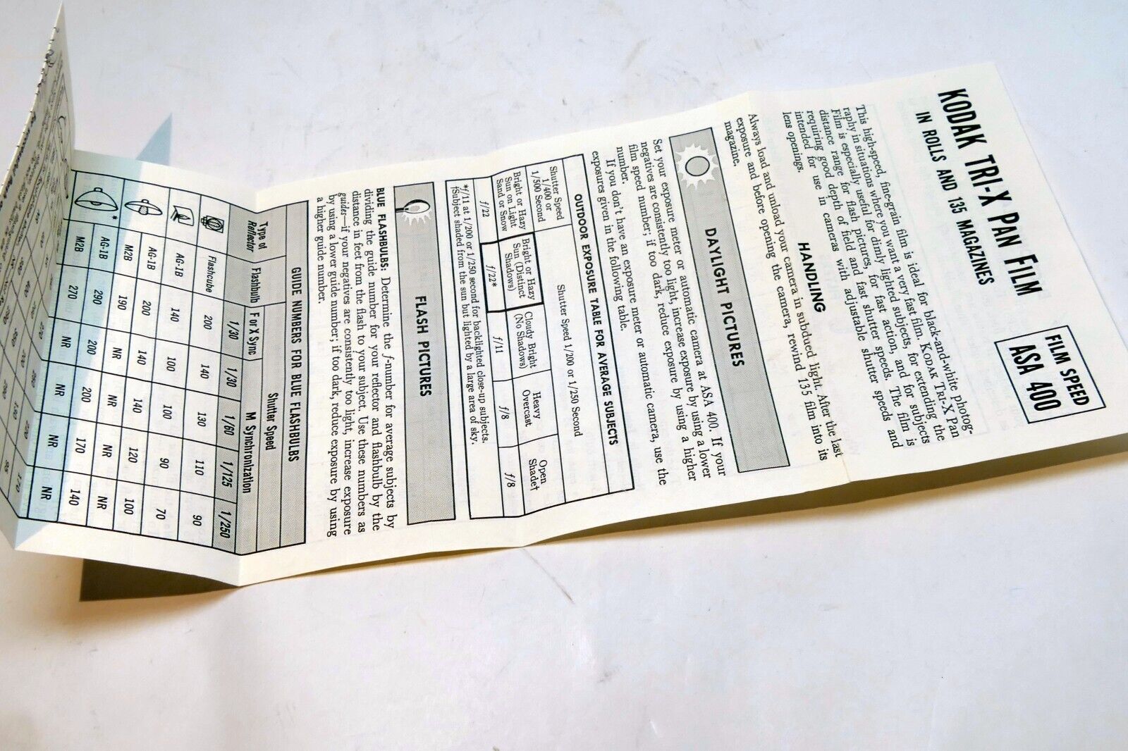 Kodak Tri-X Pan Film table guide instructions ASA 400 vintage 1960's