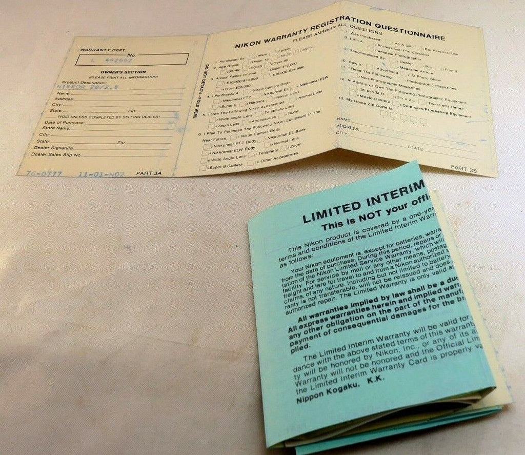 Nikon vintage warranty card (expired) for Nikkor 28mm f2.8 Ai lens 1977