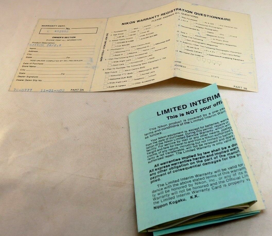 Nikon vintage warranty card (expired) for Nikkor 28mm f2.8 Ai lens 1977