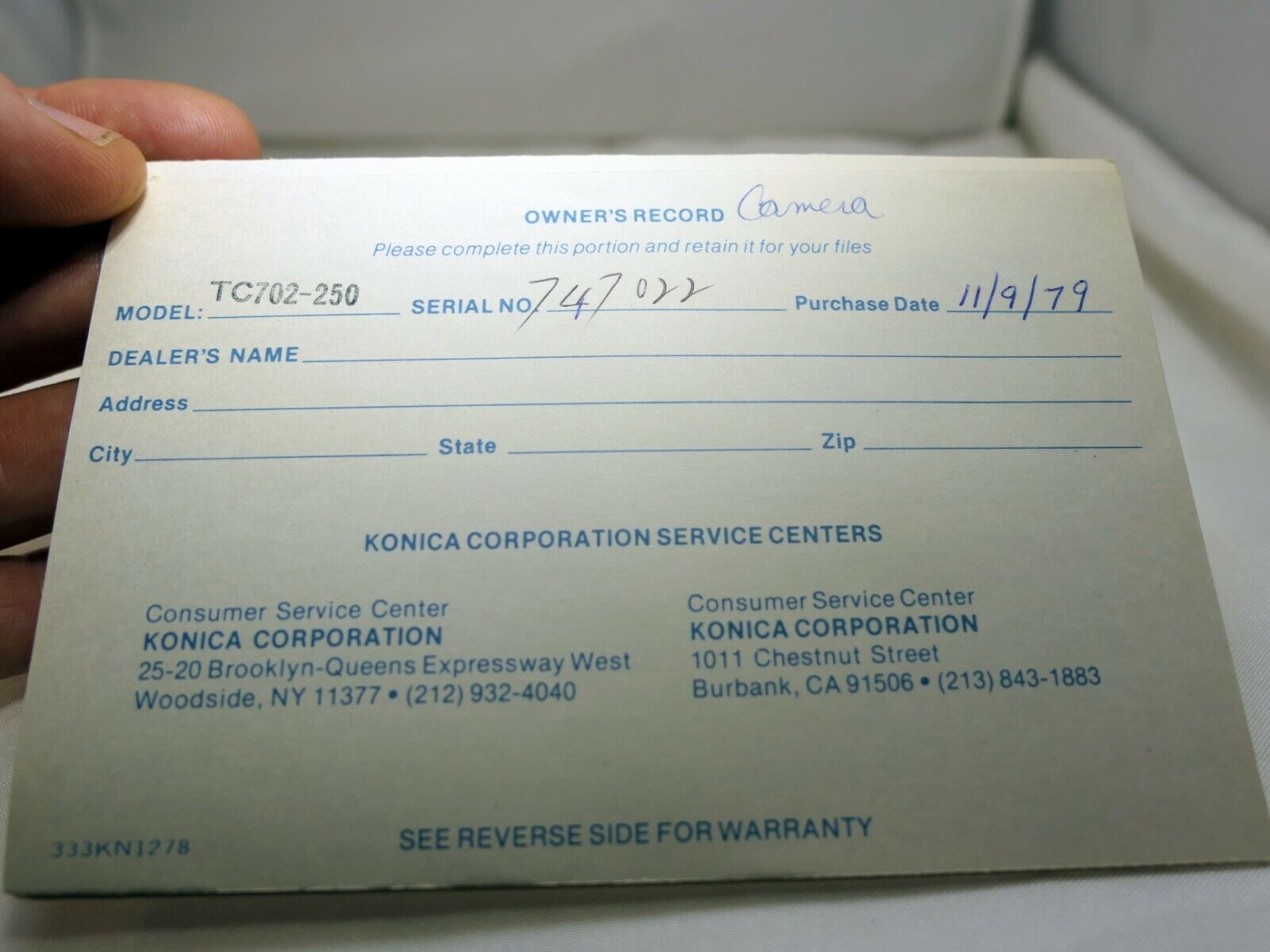 Konika Corporation warranty card owners record vintage TC