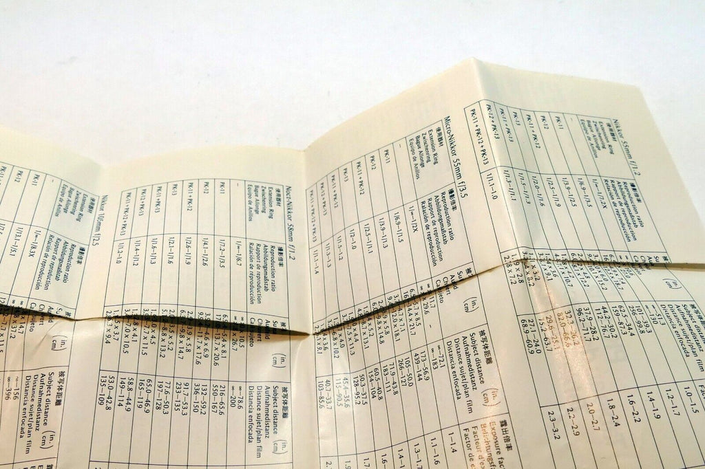 Nikon PK-11 12 13 Close up Tables chart for macro lens focus distance