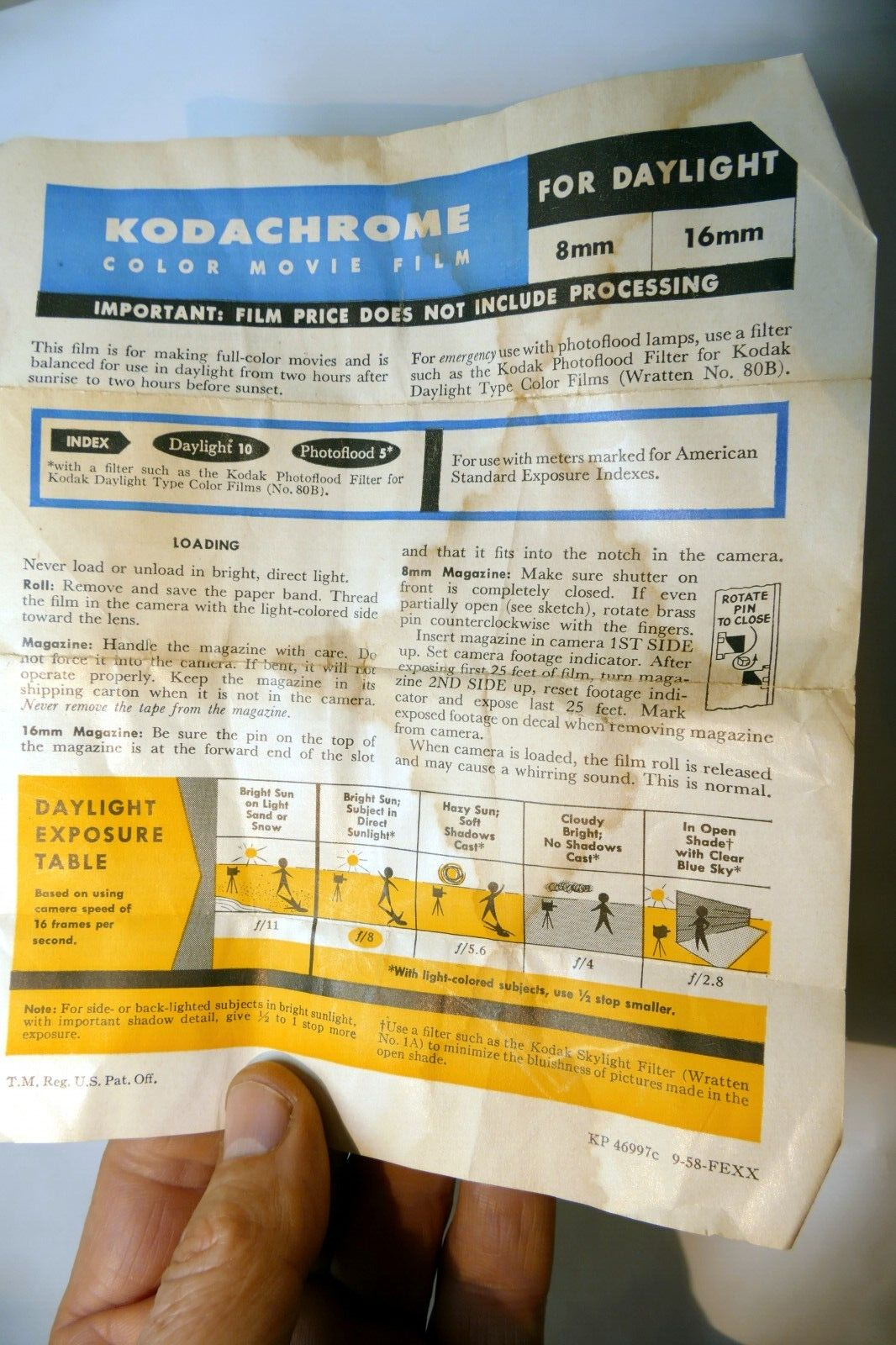 Kodak Kodachrome II Movie film Daylight 16mm exposure table guide