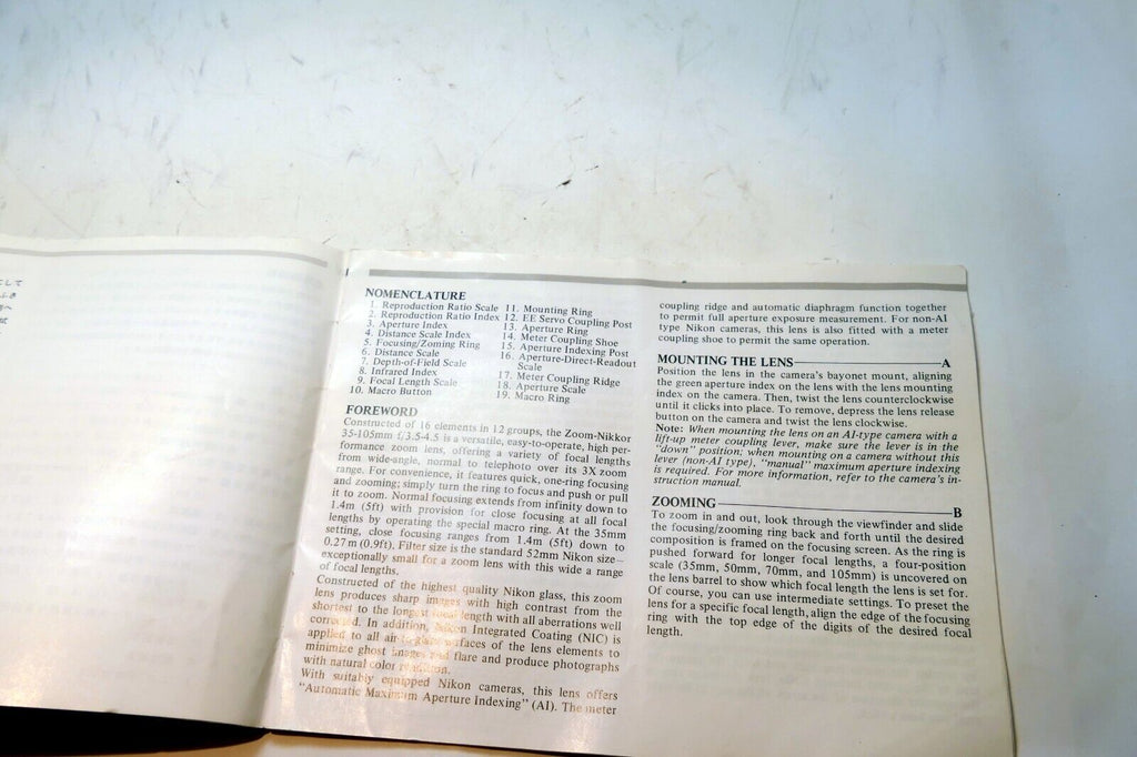 Nikon Zoom Nikkor 35-105mm f3.5-4.5 Ai-s LENS Instruction Guide Manual 1985