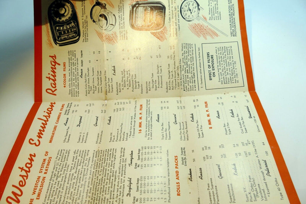 Weston Film ratings for Light meter Manual Instruction Guide 1965