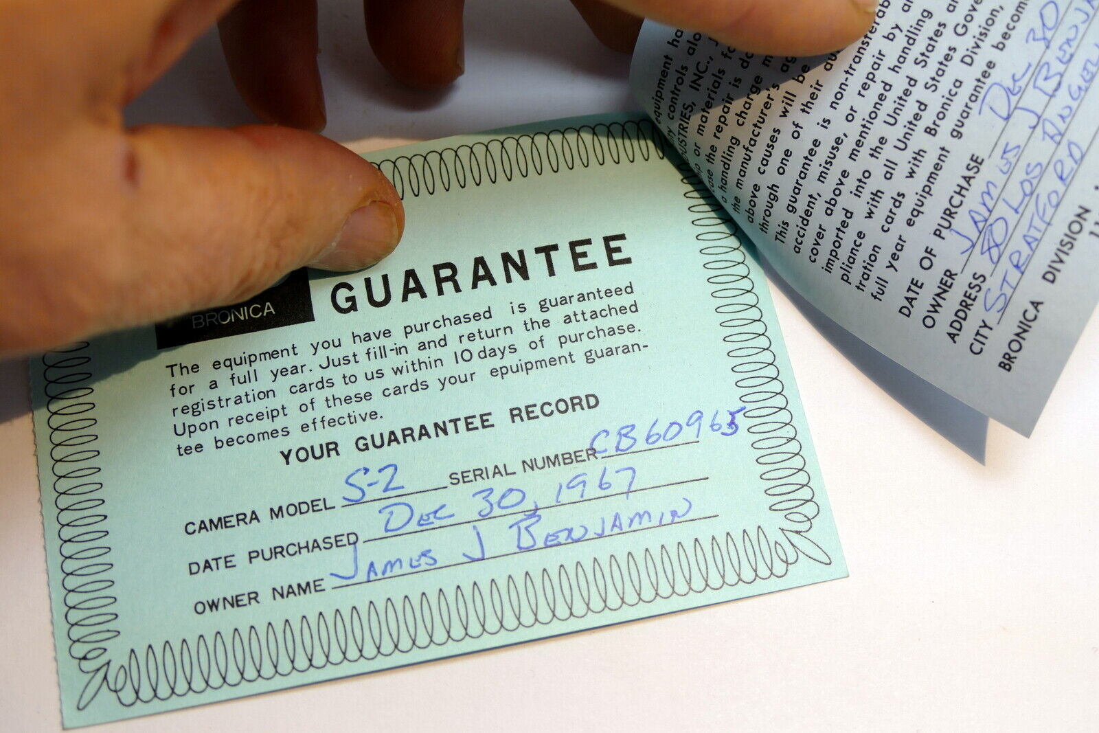 Bronica warranty card 1967 model  S2 camera 75mm f2.8 lens  vintage