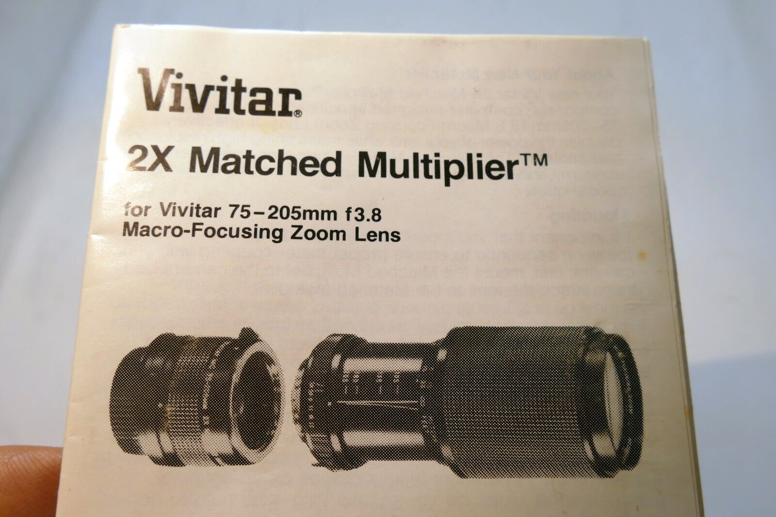 Vivitar 2X multiplier matched to 75-205mm  Instructions  guide manual English EN