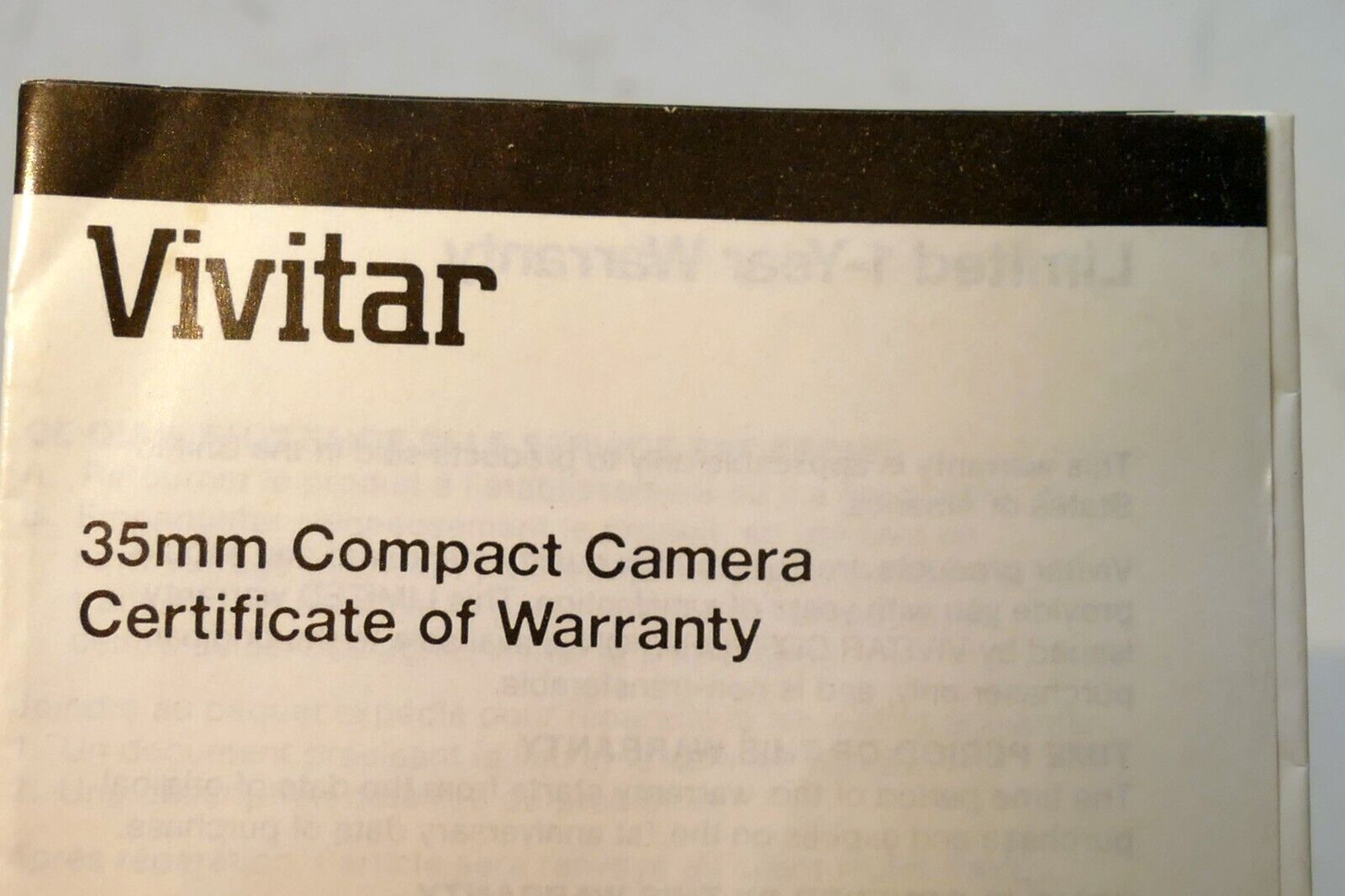 Certificate of Warranty for Vivitar one 1  compact camera