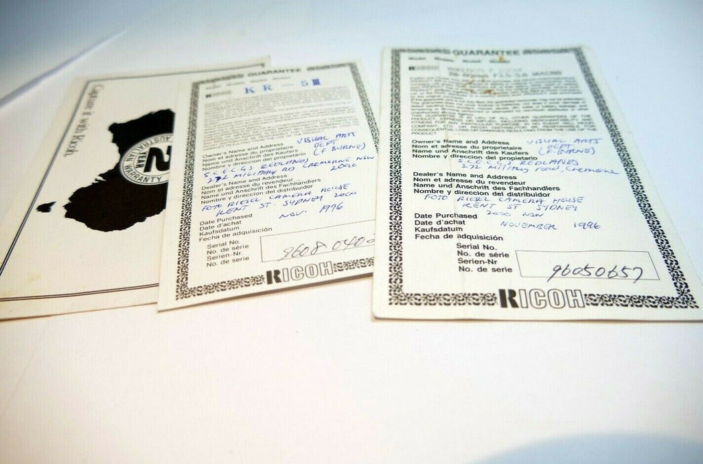 warranty registration card Ricoh KR-5 III28-80mm  Rikenon used vintage