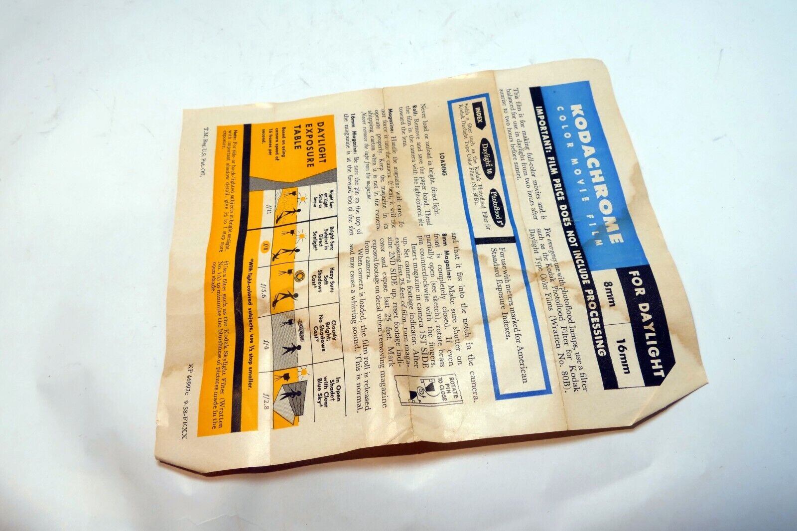 Kodak Kodachrome II Movie film Daylight 16mm exposure table guide