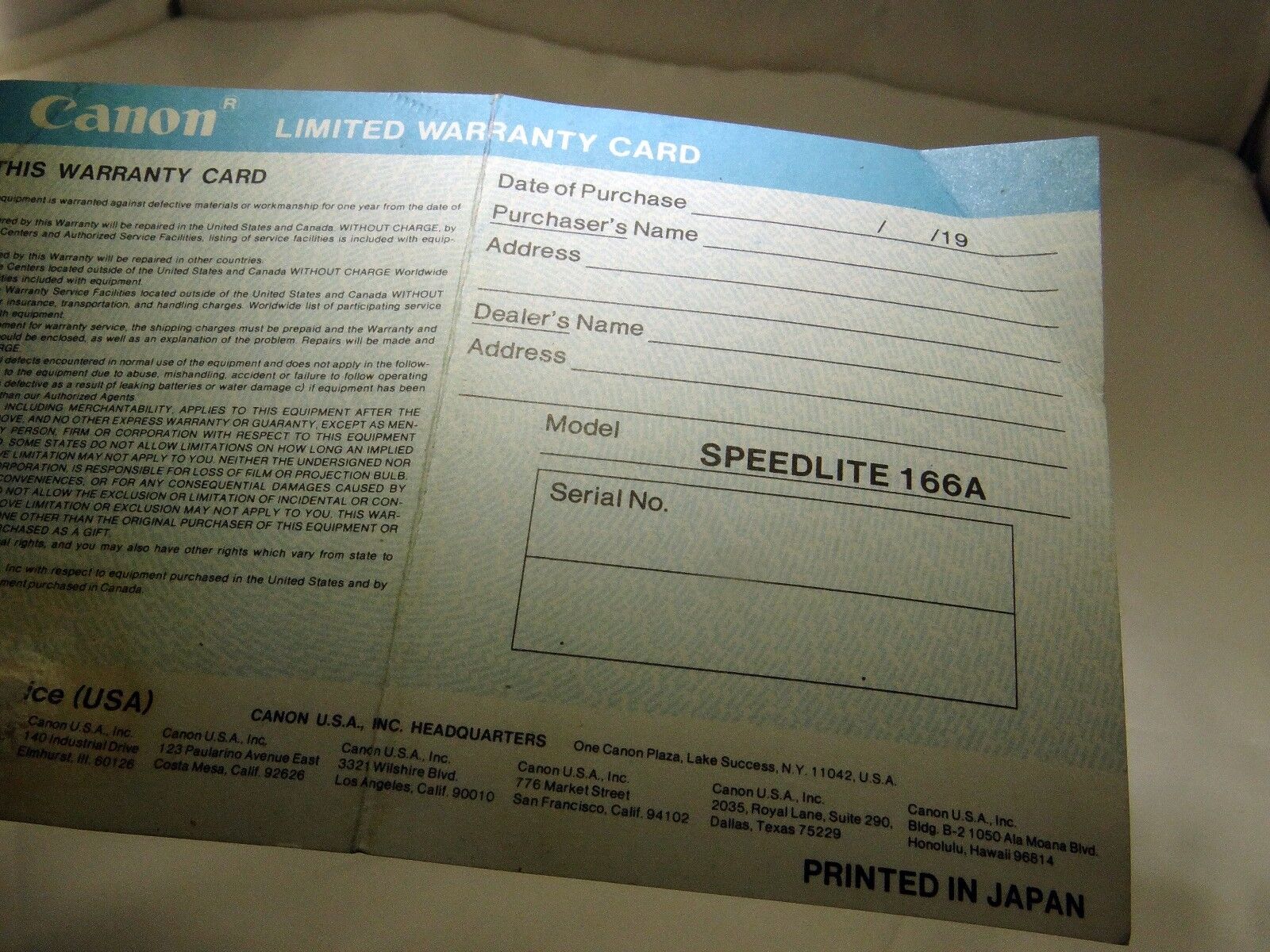 Canon Speedlite 166A flash Limited Warranty Card  1970's  vintage