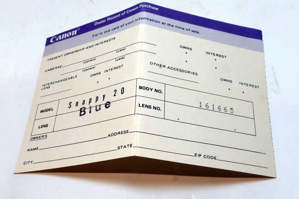 Canon Snappy-20 camera Blue warranty card vintage 1980's