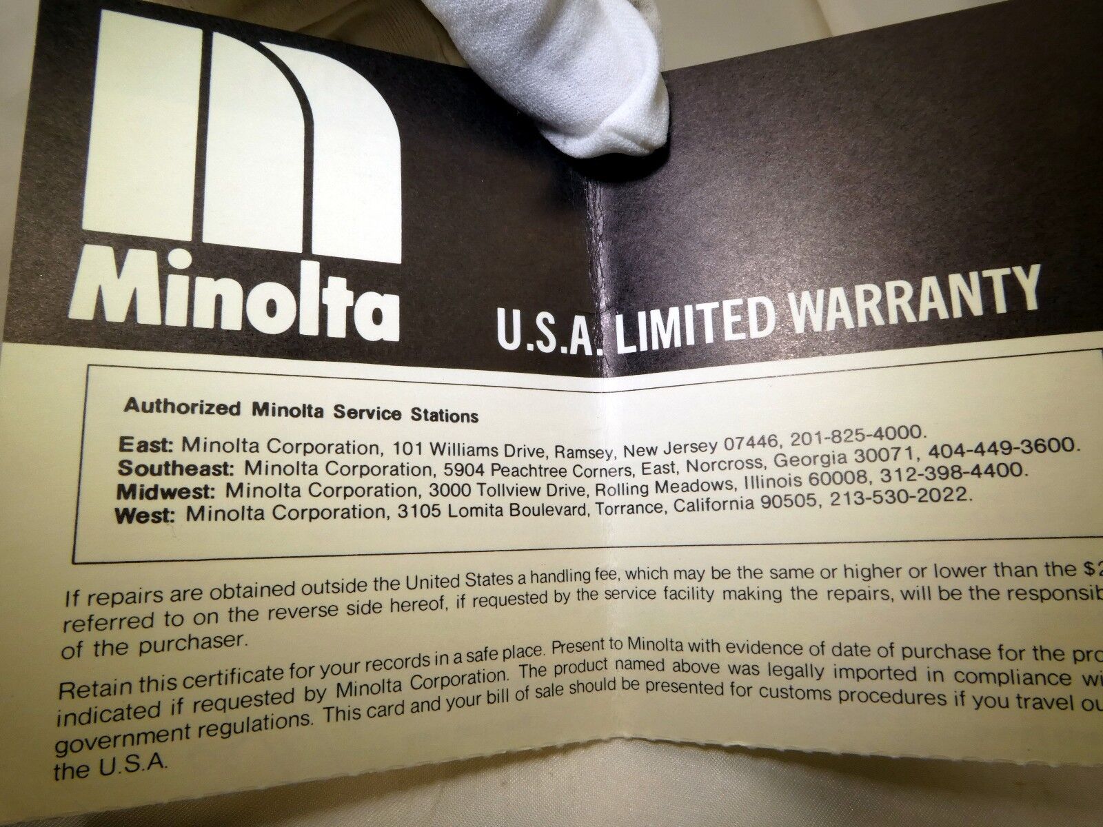 Minolta USA Limited Warranty card (EN) vintage MD Rokkor 50mm f1.7 1980