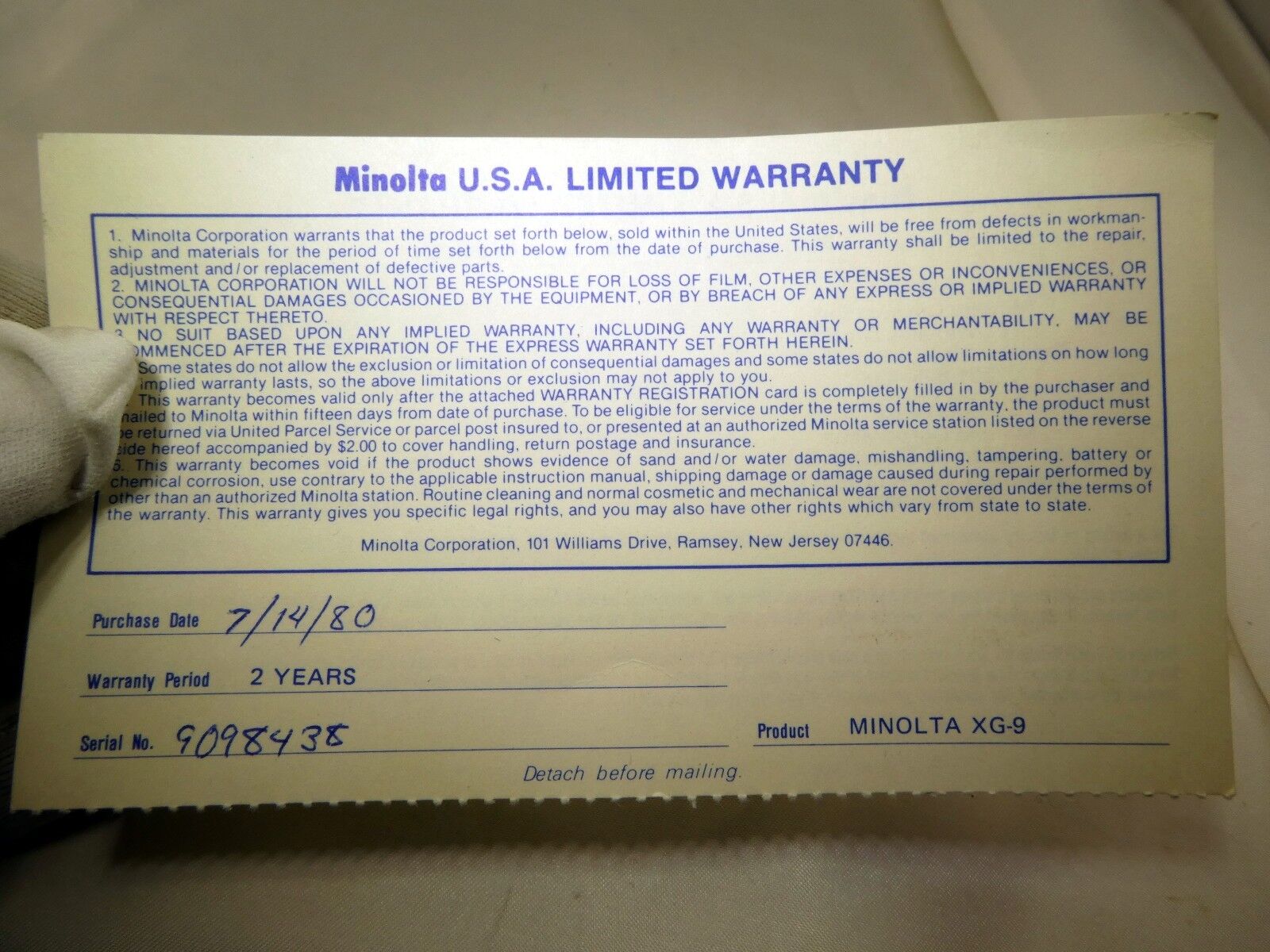 Minolta USA Limited Warranty card (EN) vintage XG-9 camera 1980
