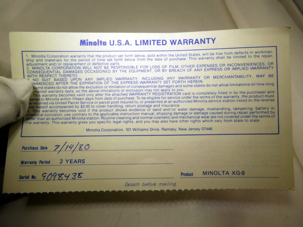 Minolta USA Limited Warranty card (EN) vintage XG-9 camera 1980