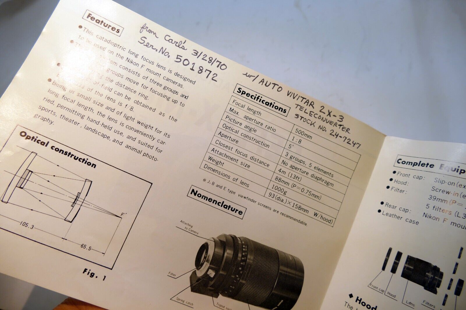 Nikon Reflex-Nikkor 500mm f8 CATADIOPTRIC FLENS Instruction Guide Manual