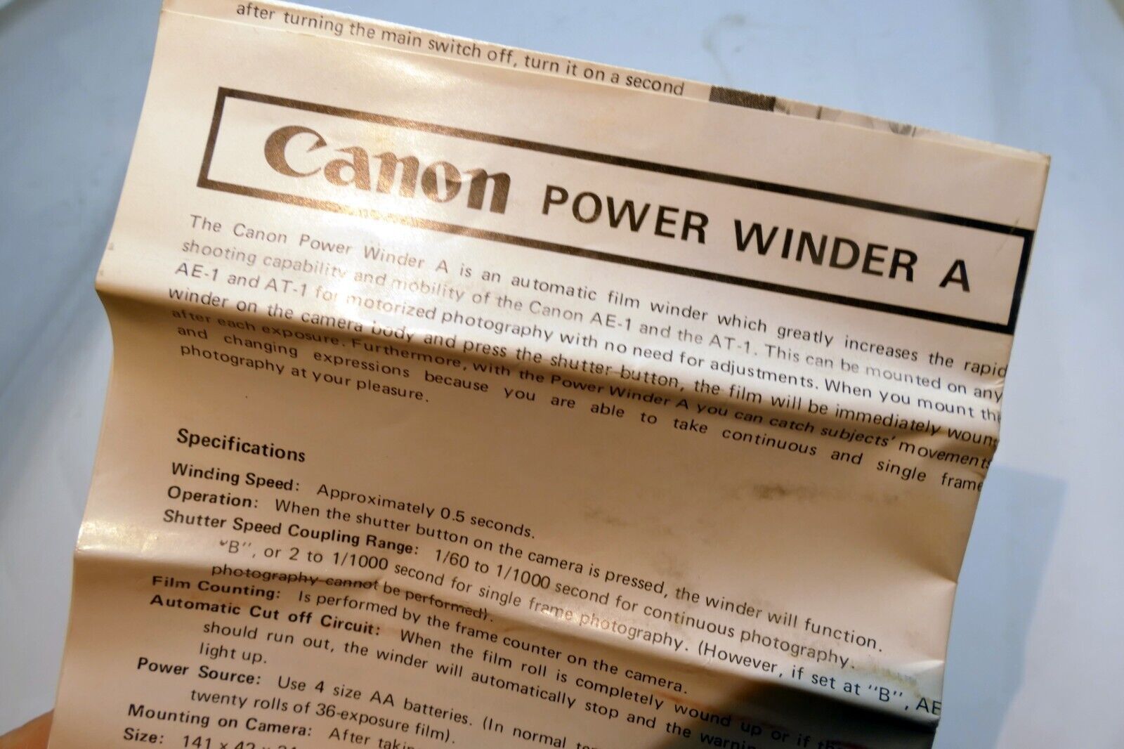 Canon Battery Power winder A Instruction guide Manual for AE-1