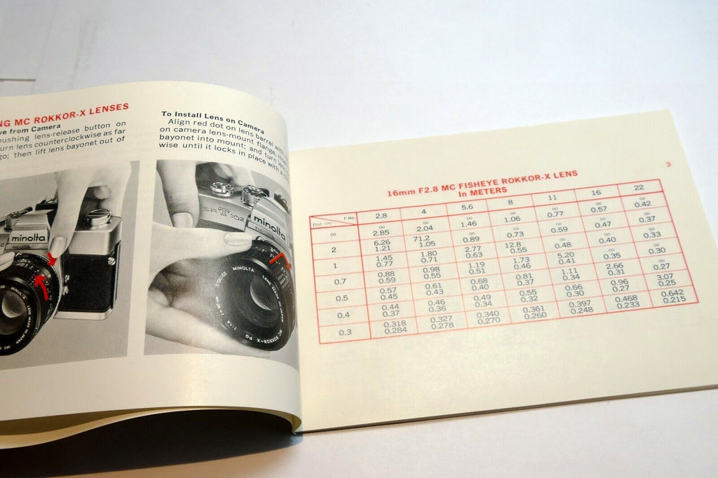 Minolta MC Rokkor -X lens Depth Of-Field Chart  Specification Guide