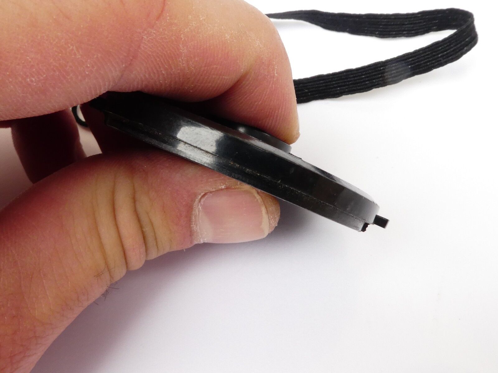 Used 49mm Lens Front Cap Black snap-on type plastic with strap Korea