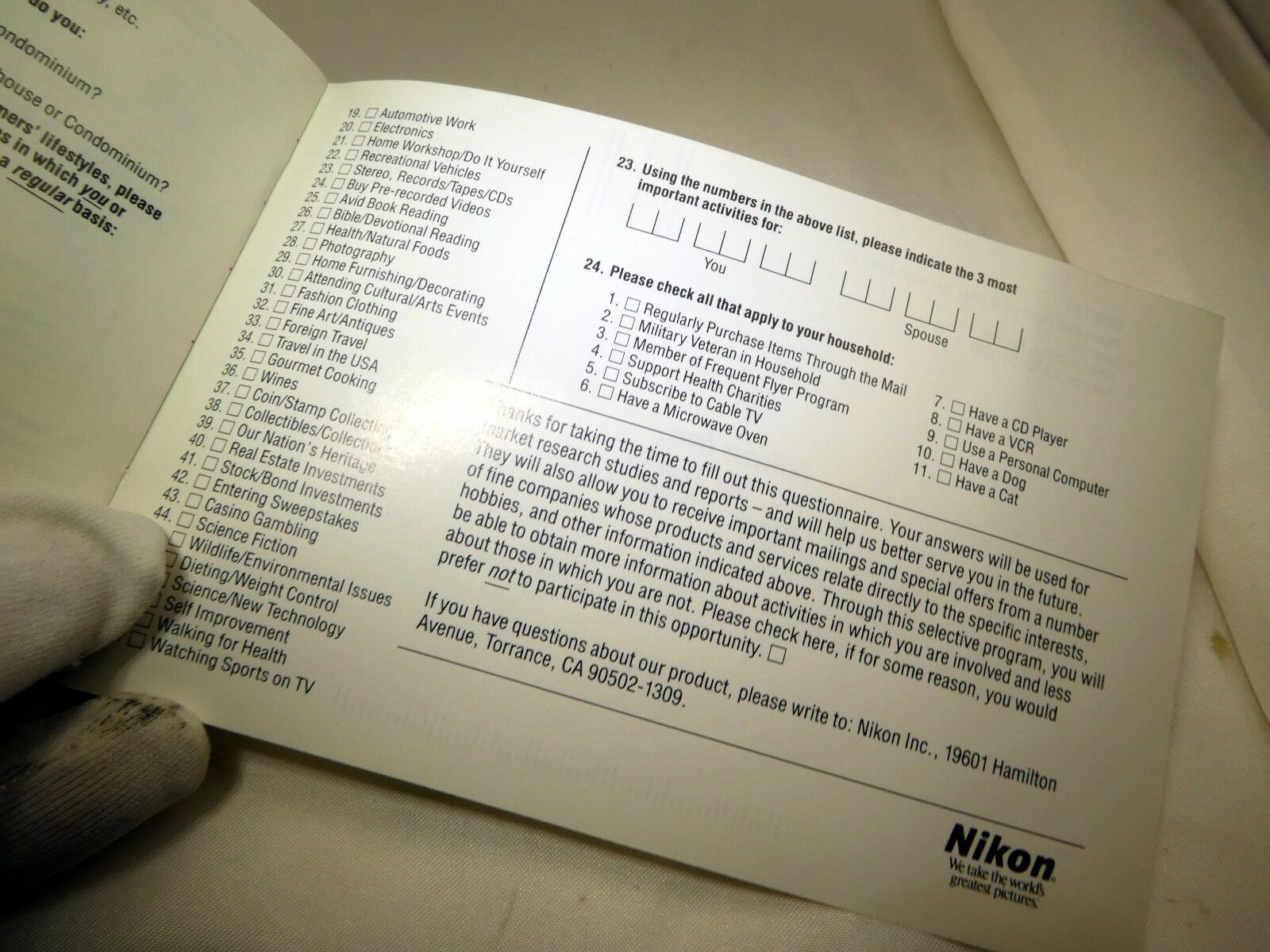 Nikon customer questionnaire return repairs post card (EN) vintage Nikon Inc.