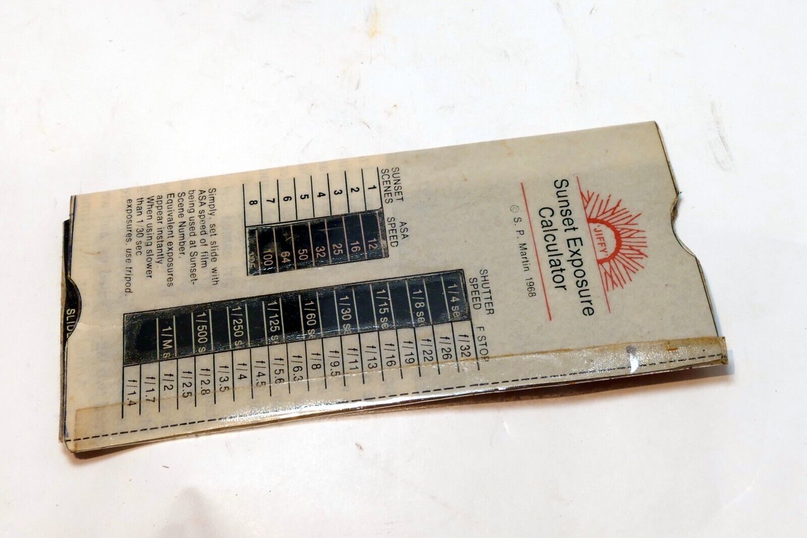 Jiffy Sunset Exposure Calculator in sleeve to determine exposure camera setting