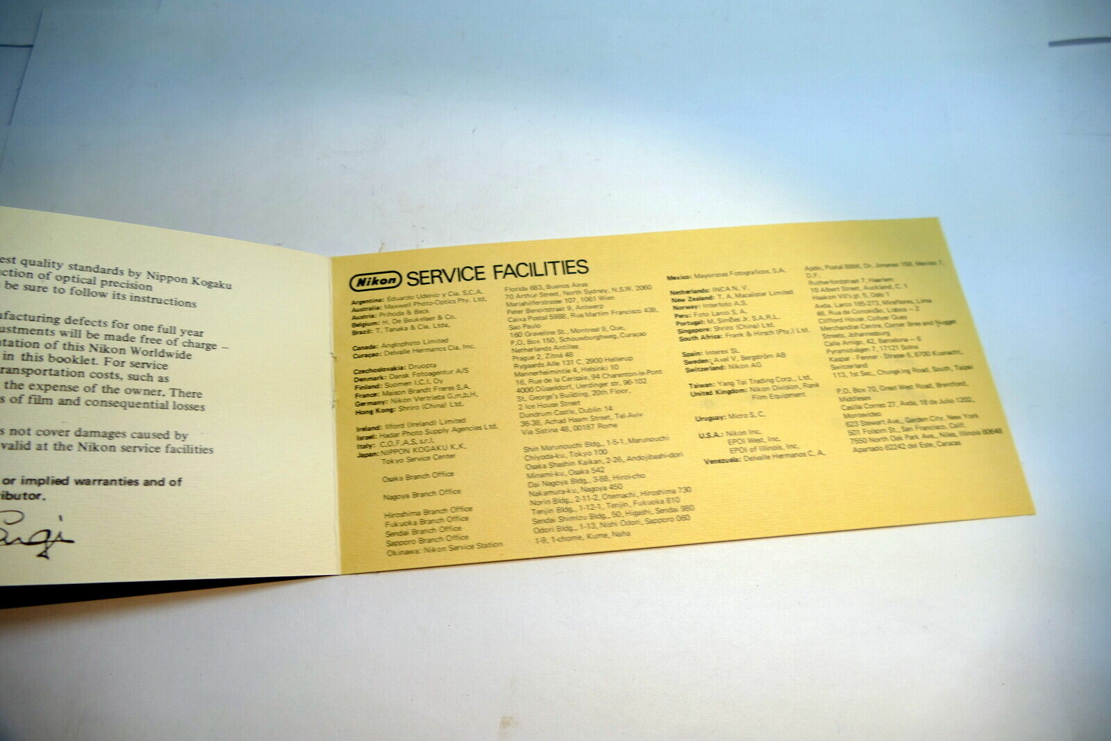 Nikon warranty card 1974 model Nikomat FTN  auto 50mm f2  vintage