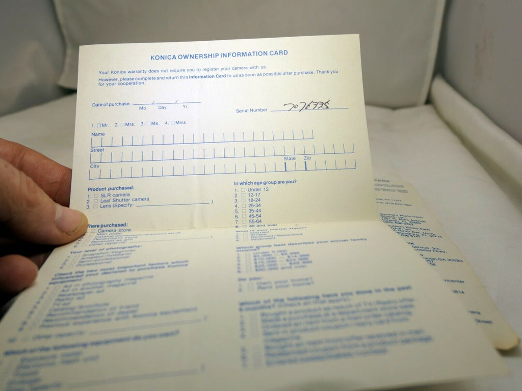 Konica Corporation Factory Service Centers  USA 1980 with owners card for lens