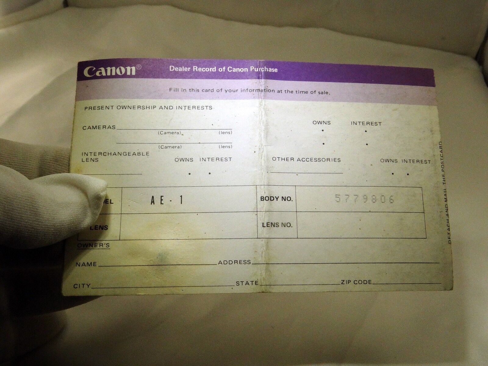 Canon AE-1 camera  Registration Card Owners record  1970's  vintage