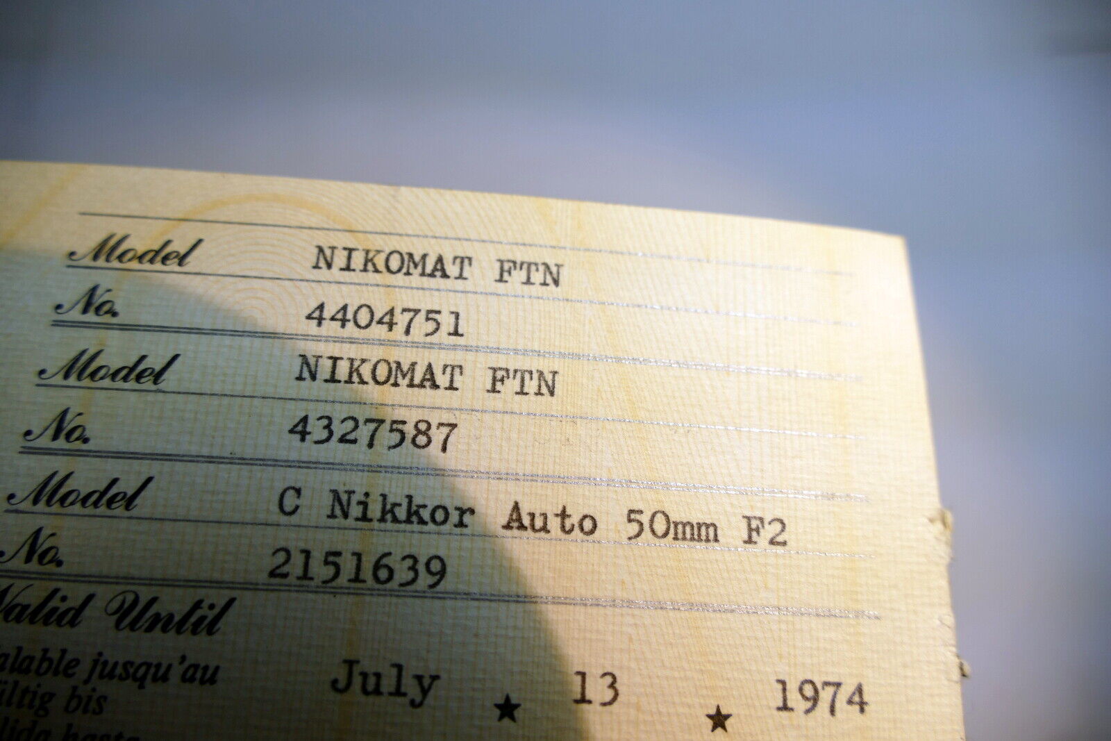 Nikon warranty card 1974 model Nikomat FTN  auto 50mm f2  vintage