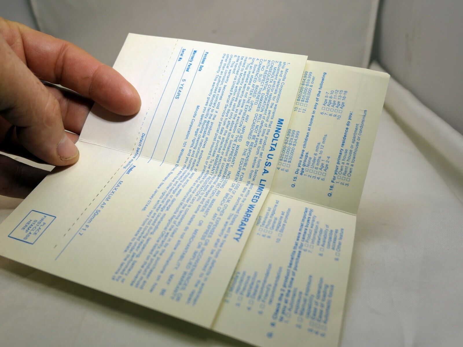 MINOLTA  warranty card  for Maxxum 50mm f1.7  AF  lens