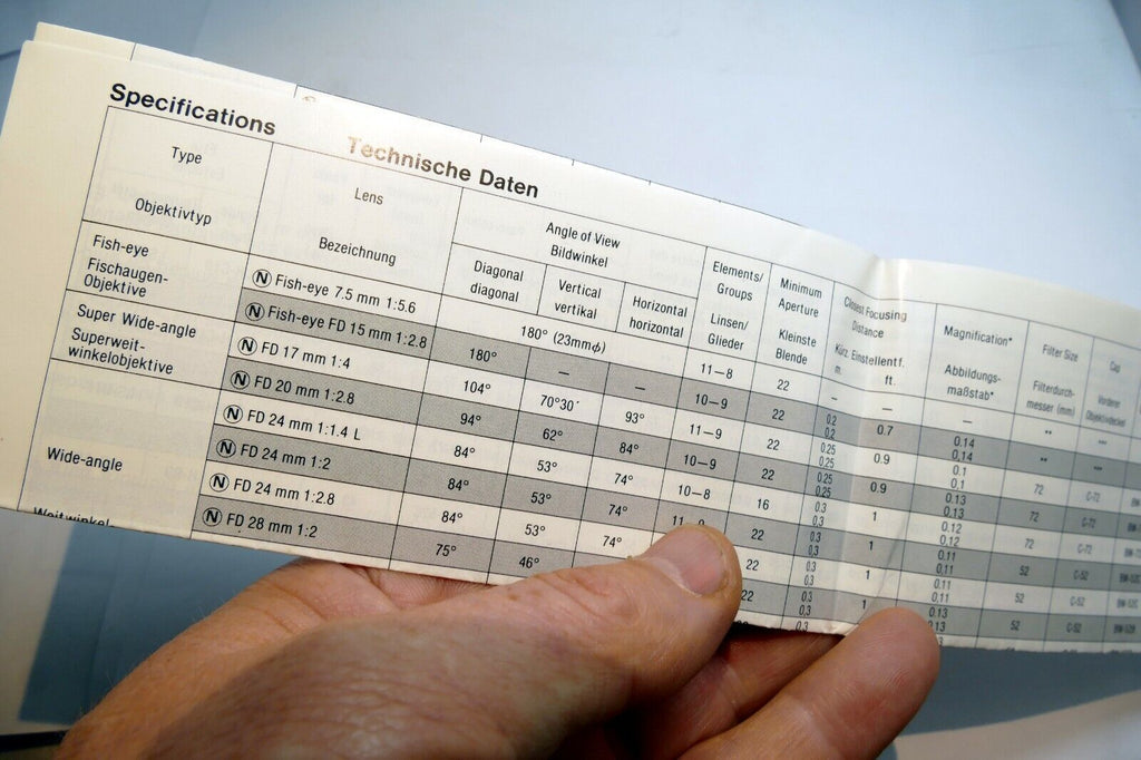Canon FD N series Lens Specification Table manual focus 1980 N 50mm f1.2 L