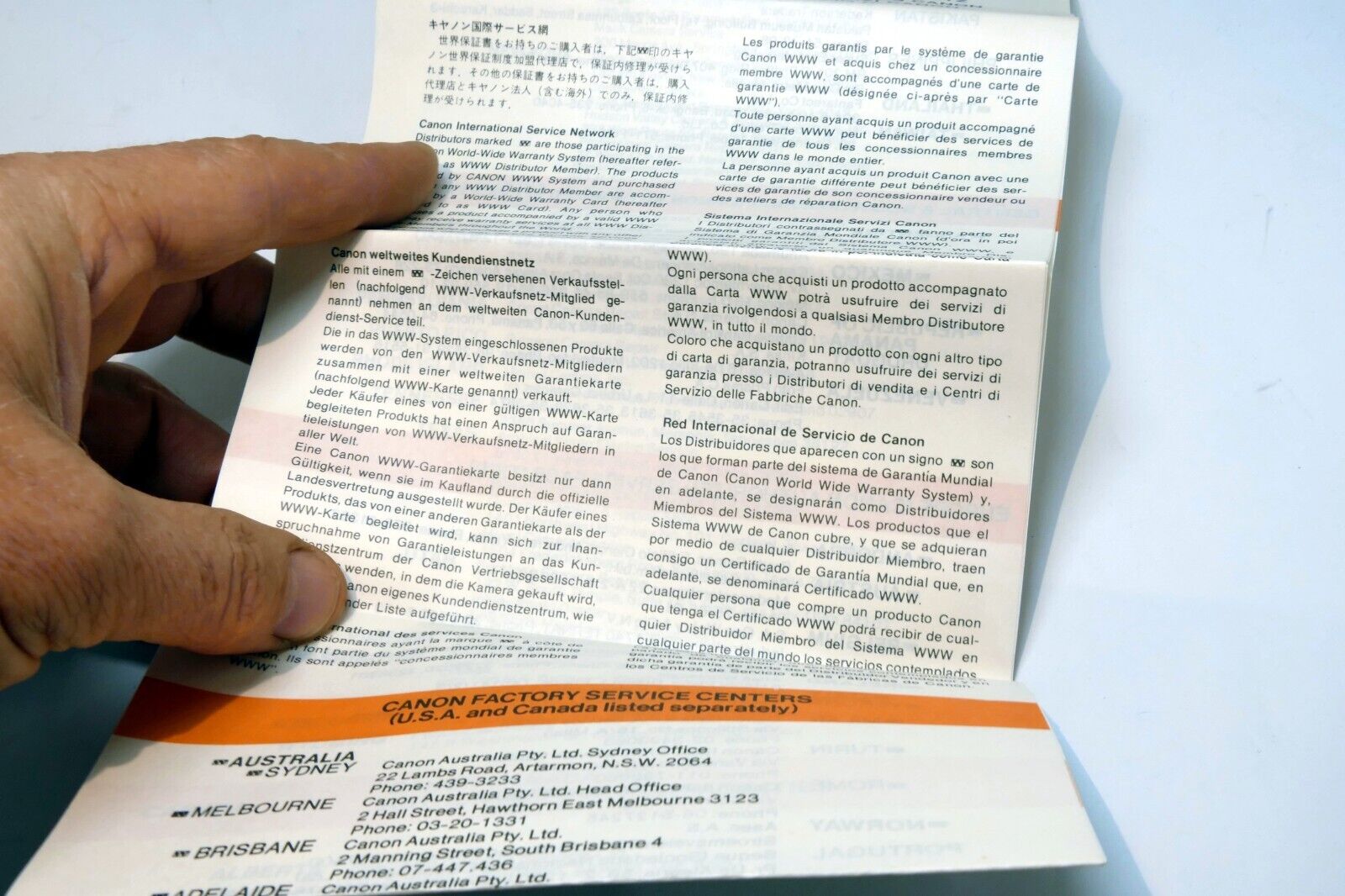 Canon warranty International Service network card Lens vintage 1980's