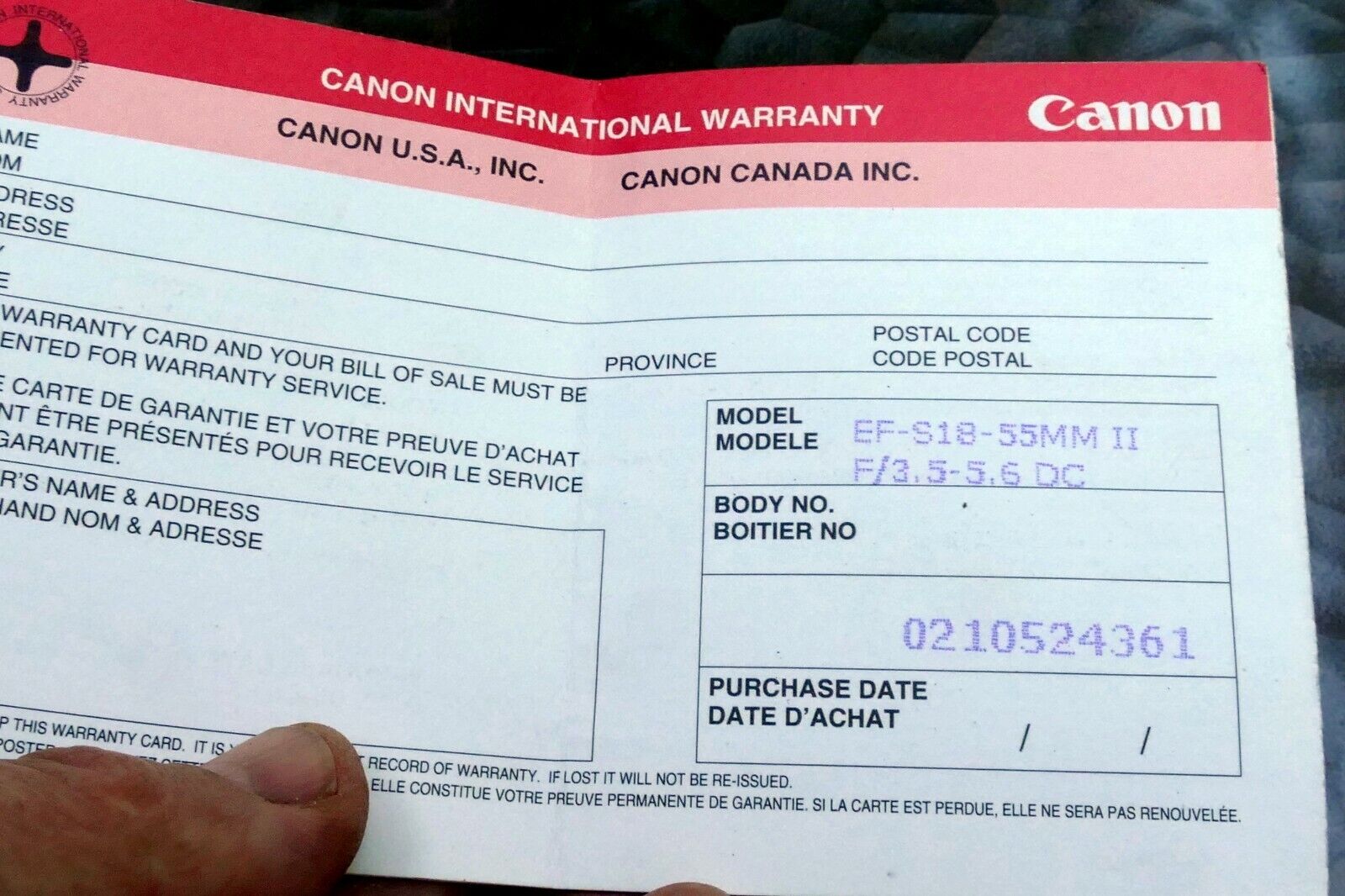 Canon EF-S 18-55mm f3.5-5.6 II DC Lens warranty booklet vintage card